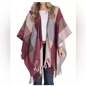 WOOLRICH luxe soft warm cozy blanket shawl wrap cape fringe buffalo plaid